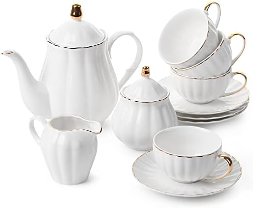 BTaT-Klasik çay seti, 13 adet, Çay Bardağı (7oz), Çaydanlık (32oz), Krema ve Şeker Seti, Porselen Çay Seti, Beyaz
