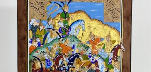 Minyatür Boyama Farsça Sanat Eseri İpek Kağıt El Yapımı Dövüş Sahnesi 11. 4x7