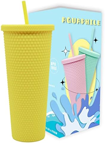 AQUAPHİLE pipetli bardak Mat Çivili Kapaklı Bardak PS Yeniden Kullanılabilir Su Bardağı Seyahat Kupası Kahve Buzlu