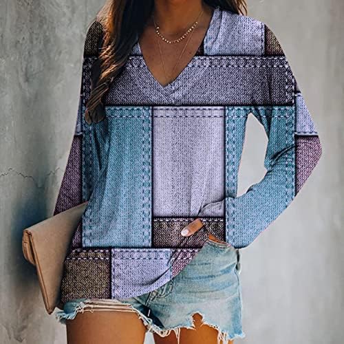 Kadınlar için uzun Kollu Bluzlar V Boyun Geometrik Grafik Baskı Tunik Üstleri Tee Bahar Rahat Renk Bloğu Hımbıl Gevşek