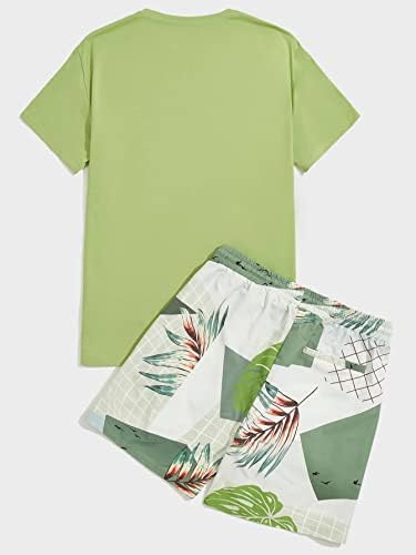 FİOXA İki Parçalı Kıyafetler Erkekler için Erkekler Sloganı Grafik Tee ve Tropikal Baskı İpli Bel Şort (Renk: Çok