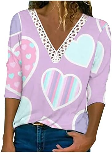 Sevgililer Günü Baskı T Shirt Kadınlar için Şık Kalp Baskılı 3/4 Kollu Tunik Üstleri Moda Tığ İşi Dantel Kazak Bluz