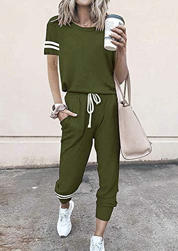 PRETTYGARDEN kadın İki Parçalı Kıyafetler Çizgili Kısa Kollu Kazak ve Uzun Pantolon Eşofman Pijama Salonu Jogger