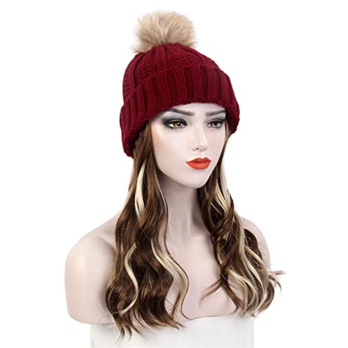 KLKKK Moda Bayan saç Şapka Kırmızı Örme şapka Peruk Uzun Kıvırcık vurgulama Kahverengi Peruk Şapka