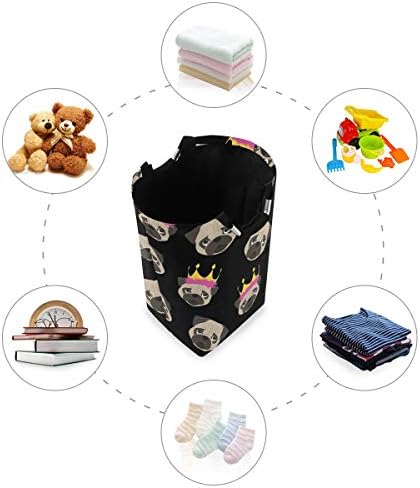 YYZZH Karikatür Pug Köpek Taç Siyah Büyük çamaşır torbası Sepeti alışveriş çantası Katlanabilir Polyester Çamaşır