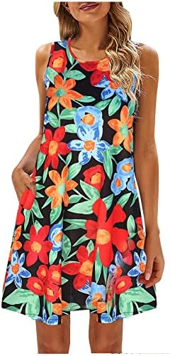 Kadın Yaz Elbiseler Casual Kolsuz Ekip Boyun Sundress Çiçek Baskı Midi Elbiseler Hawaii Plaj Gömlek Elbise