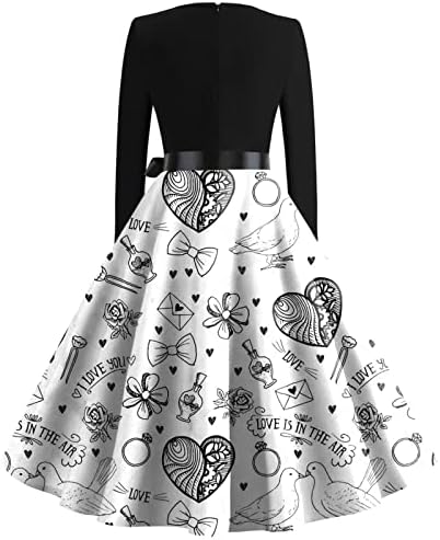 ADHOWBEW Sevgililer Elbise Kadınlar için Uzun Kollu Zarif Vintage bir Çizgi elbise Aşk Kalp Elbise Moda Bel Kravat