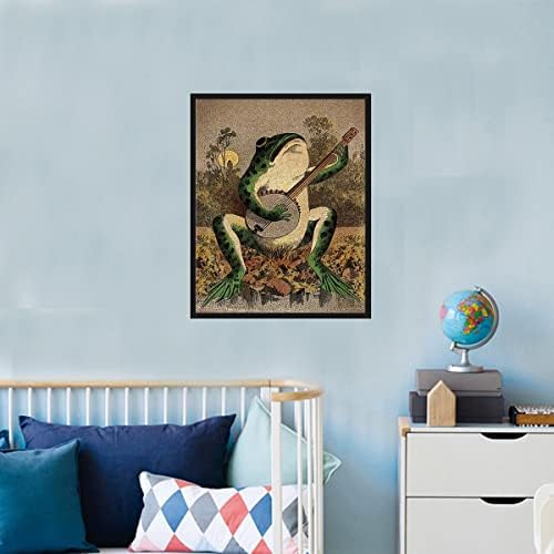 KIHOARL Kurbağa Tuval Duvar Sanatı Vintage Kurbağa Oynayan Banjo Ay Işığında Kurbağa Duvar Dekor Boyama Baskı Posterler