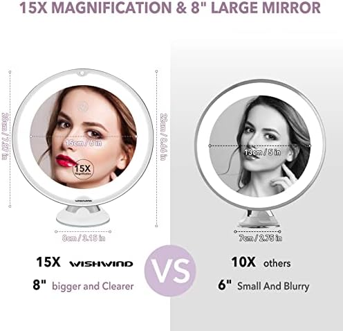 WISHWIND 15X ışıklı Büyüteçli makyaj Aynası, Dokunmatik Sensörlü Büyük 8 inç taşınabilir ışıklı Makyaj Aynası 3 Renk