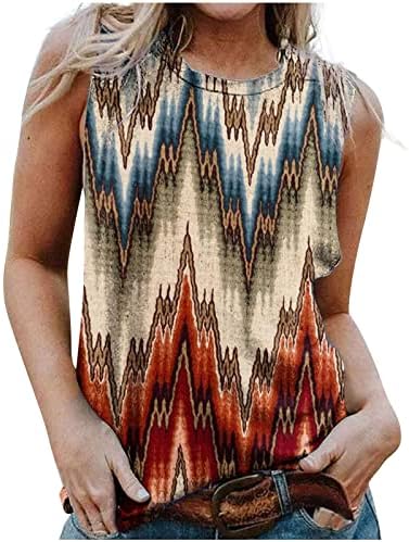 Vintage Aztek Tankı Üstleri Kadın Ekip Boyun Batı Geometri Baskılı Grafik Tees Gömlek Kolsuz Yaz Rahat Yelek