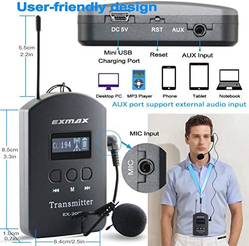 EXMAX EX-200E UHF Sesli Akustik İletim Cihazı Müze Şehir Turu Dersleri Sergi Salonları için Kablosuz Tur Rehberi