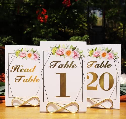 Altın Düğün Masa Numaraları 1-20 Kafa Masa Kartları, 21 adet 4x6 inç Su Geçirmez Çiçek Çift Taraflı Yer Kartı Düğün