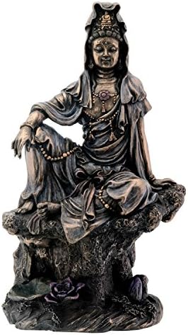 7 İnç Bronz Su ve Ay Kuan Yin Budizm Heykeli Heykelcik