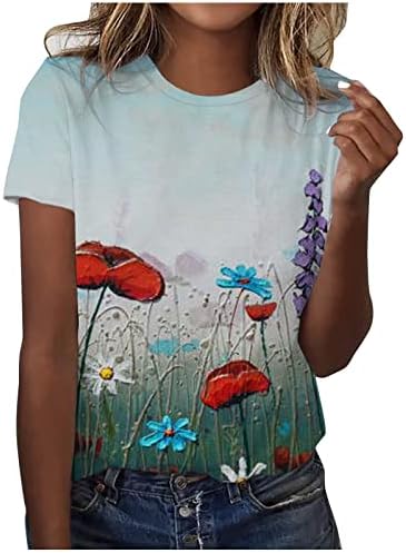 Kadın Yaz Üstleri Moda Rahat Kısa Kollu Yuvarlak Boyun T Gömlek Çiçek Baskılı Tunik Üstleri Gevşek Fit Şık Bluzlar