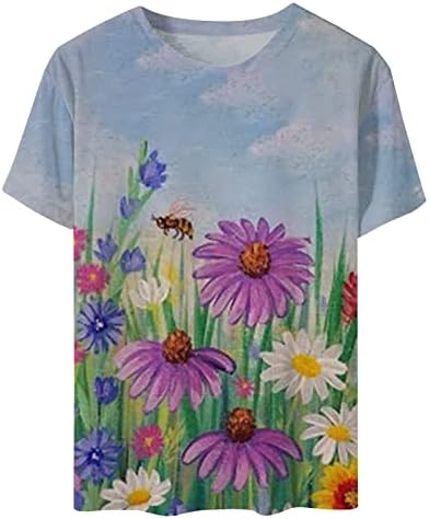 Kadın Yaz Üstleri Moda Rahat Kısa Kollu Yuvarlak Boyun T Gömlek Çiçek Baskılı Tunik Üstleri Gevşek Fit Şık Bluzlar