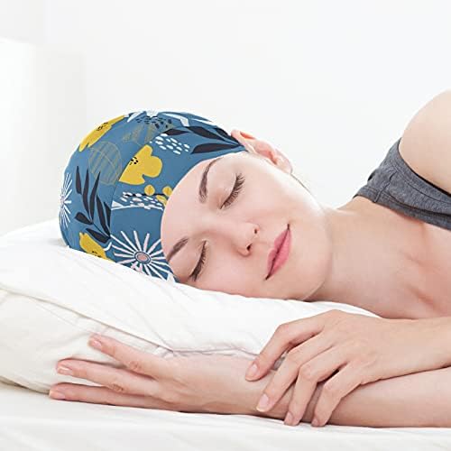 Kafatası Kap Uyku Kap Çalışma Şapka Bonnet Beanies Kadınlar için Çiçekler Yapraklar Çiçek Mavi Sarı Uyku Kap Çalışma