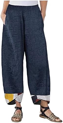 HDZWW Sonbahar Pantolon Bayanlar Keten Düz Bacak Katı Uzun Slacks Cepler ıle Nefes Elastik Bel Erkek Arkadaşı