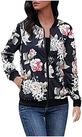 COKUERA kadın Moda Sonbahar fermuarlı ceket Rahat Büyük Boy Uzun Kollu Çiçek Baskı beyzbol bombardıman Ceket Cep