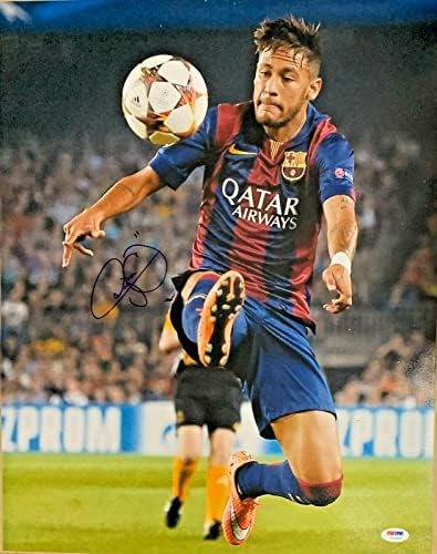 Neymar Jr. İmzalı 16x20 Fotoğraf Barcelona Jump İmzalı PSA DNA LOA-İmzalı Futbol Fotoğrafları