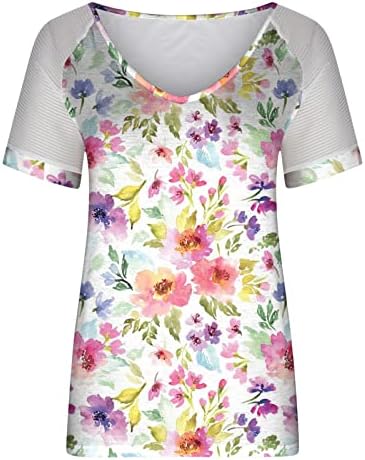 Rahat V Boyun T Shirt Kadınlar için Yaz Örgü Kısa Kollu Üst Temel Çiçek Baskı Tee Gömlek Tops