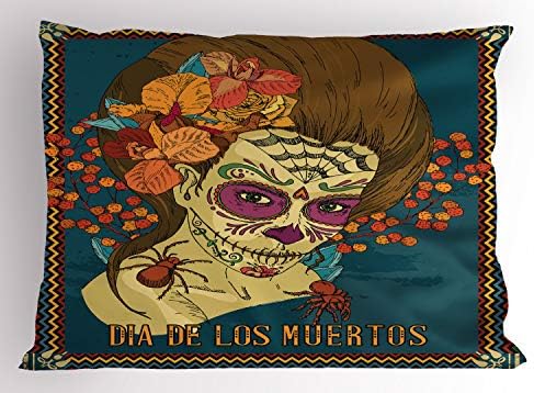 Ambesonne Ölülerin Günü Yastık Sham, Dia de Los Muertos Kafatası Kız Gül Kalpli Baskı, Dekoratif Standart Ölçü Baskılı