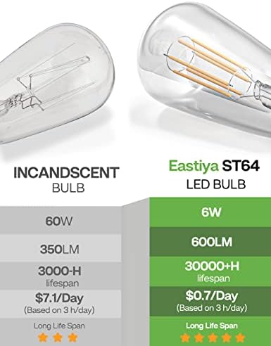 Eastıya Edison LED ampuller 6 W Eşdeğer 60 W, 6 Paket, 600LM, kısılabilir Sıcak Beyaz 2700 K Vintage E26 LED Ampul,