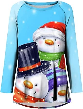 Kadın Noel Tunik Üstleri Uzun Kollu Yuvarlak Boyun T-shirt Casual Gevşek Fit Santa Kardan Adam baskılı tişört Gömlek