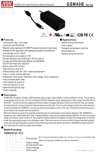 ORTALAMA KUYU GSM40B07-P1J 7.5 V 5.34 A 40W AC-DC Yüksek Güvenilirlikli Tıbbi Adaptör