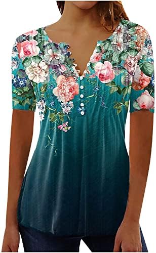 lcepcy Yaz Rahat T Shirt Kadın V Boyun Düğmesi Pilili Tunik Gömlek Renkli Çiçek Baskı Kısa Kollu Bluzlar