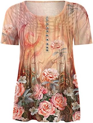 lcepcy Yaz Rahat T Shirt Kadın V Boyun Düğmesi Pilili Tunik Gömlek Renkli Çiçek Baskı Kısa Kollu Bluzlar