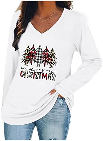 Noel Gömlek Kadınlar için Komik Sevimli Ren Geyiği Baskı Tunik Üstleri V Boyun Uzun Kollu Gömlek Gevşek Sonbahar