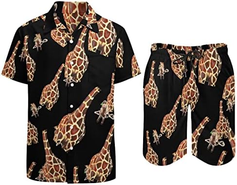 Zürafa erkek 2 Parça Plaj Kıyafetleri Hawaii Düğme Aşağı Kısa Kollu Gömlek ve Şort Takım Elbise