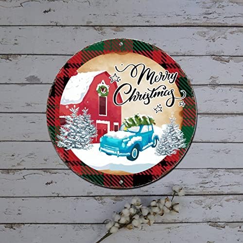Merry Christmas Kapı İşareti Noel Baba Noel Kamyon Kış Sahne Boyama Yuvarlak Metal Tabela Asılı Noel Süslemeleri