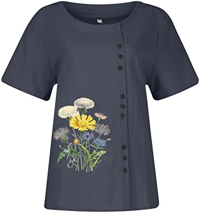 Bayan Casual Kısa Kollu Pamuk Keten Üstleri Düğme Dekorasyon Ekip Boyun Yaz Baskı Katı Kırpma Üst T-Shirt